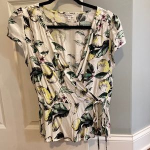 Chic faux wrap Lemon print floral blouse
